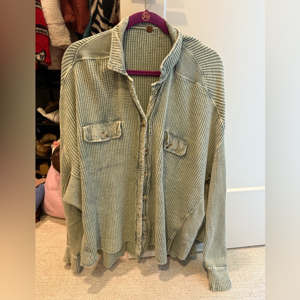Free people green waffle button up